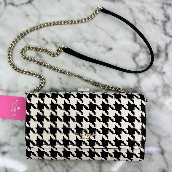 Kate Spade Darcy Houndstooth Chain Wallet Crossbody Clutch In Black Multi - Picture 2 of 8